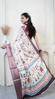 White Warli Print Silk Saree with Purple Border