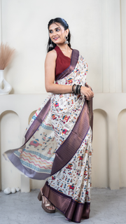 White Warli Print Silk Saree with Purple Border