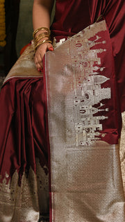 Dark Maroon Ghat Mashru Banarasi Saree
