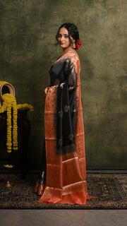 Black and Peach Kora Silk Banarasi Saree