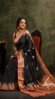 Black and Peach Kora Silk Banarasi Saree