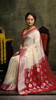 White and Red Khaddi Chiffon Banarasi Saree