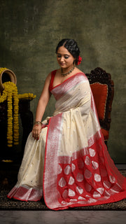 White and Red Khaddi Chiffon Banarasi Saree