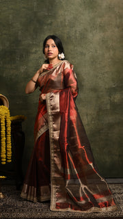 Dark Maroon Dual tone Tissue Banarasi Saree