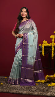 Ice Blue and Violet Kora Banarasi Saree