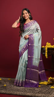 Ice Blue and Violet Kora Banarasi Saree