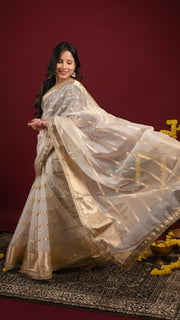 Ivory White Organza Banarasi Saree