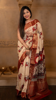 Off White and Red Nandi Ajrakh Print Dola Silk Saree with Zari Border