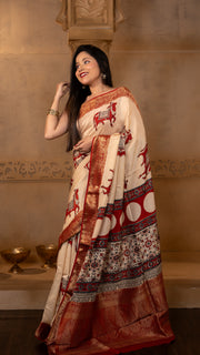Off White and Red Nandi Ajrakh Print Dola Silk Saree with Zari Border