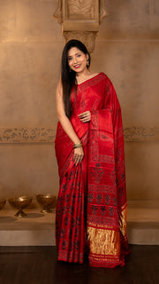 Crimson/Bright Red Ajrakh Print Modal Silk Saree with Tissue Pallu