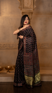 Black Ajrakh Print Modal Silk Saree with Tissue Pallu