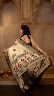 Cream and Black Ajrakh Print Dola Silk Saree with Zari Border