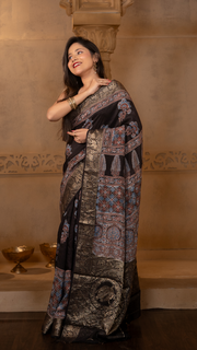 Black with Red and Blue Ajrakh Print Dola Silk Saree with Zari Border