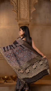 Black with Red and Blue Ajrakh Print Dola Silk Saree with Zari Border