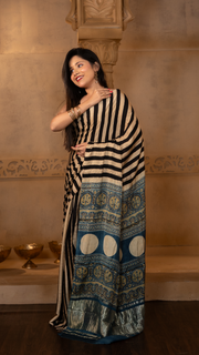 Light Gold and Black Ajrakh Print Gajji Silk Saree with Tissue Pallu