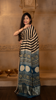 Light Gold and Black Ajrakh Print Gajji Silk Saree with Tissue Pallu