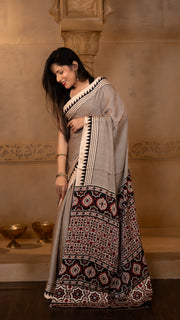 Off White and Black Stripes Ajrakh Print Modal Silk Saree