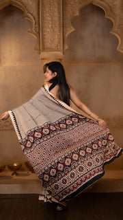 Off White and Black Stripes Ajrakh Print Modal Silk Saree