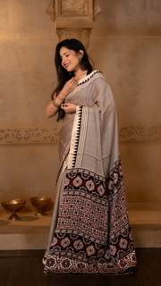 Off White and Black Stripes Ajrakh Print Modal Silk Saree