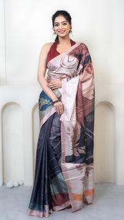 Pink and Dusty Blue Abstract Art Silk Saree