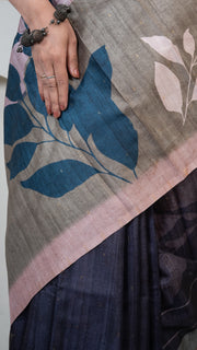 Pink and Dusty Blue Abstract Art Silk Saree