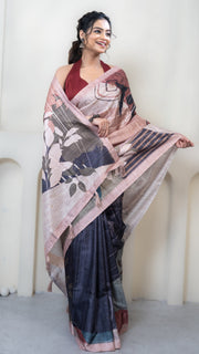 Pink and Dusty Blue Abstract Art Silk Saree