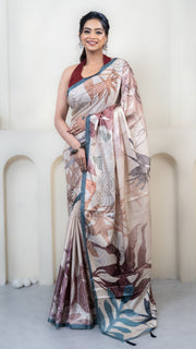 Cream Abstract Art Silk Saree