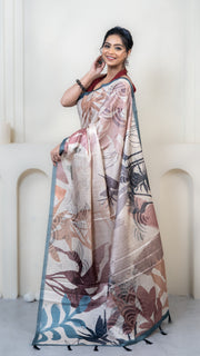Cream Abstract Art Silk Saree