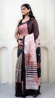 Chocolate and Pink Abstract Art Silk Saree