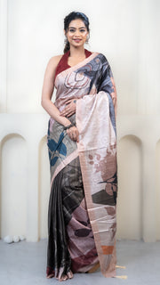 Off White and Sage Green Abstract Art Silk Saree
