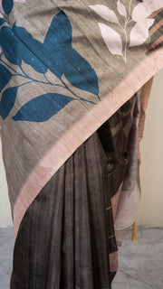 Off White and Sage Green Abstract Art Silk Saree