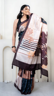 Teal and Brown Abstract Art Silk Saree