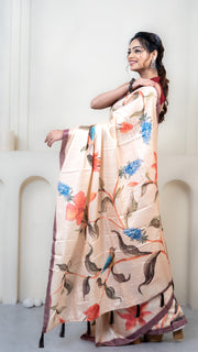 Peach Floral Print Silk Saree