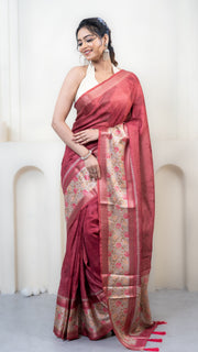 Reddish Pink Dual Tone Mulberry Silk Saree with Off White Border