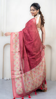 Reddish Pink Dual Tone Mulberry Silk Saree with Off White Border