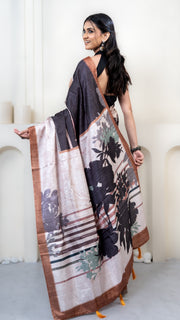 Charcoal Grey and Off White Abstract Art Silk Saree