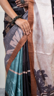 Charcoal Grey and Off White Abstract Art Silk Saree