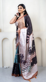 Charcoal Grey and Off White Abstract Art Silk Saree