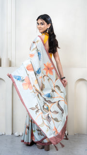 Sky Blue Floral Print Silk Saree
