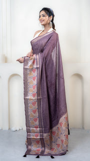Dusty Purple Mulberry Silk Saree with Off White Border