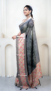 Dark Grey and Green Dual Tone Mulberry Silk Saree with Off White Floral border