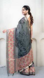 Dark Grey and Green Dual Tone Mulberry Silk Saree with Off White Floral border