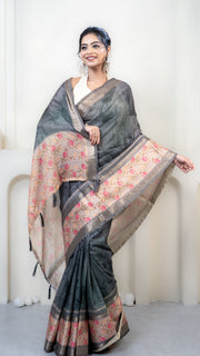 Dark Grey and Green Dual Tone Mulberry Silk Saree with Off White Floral border