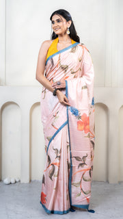Baby Pink Floral Print Silk Saree