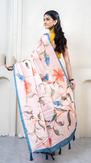 Baby Pink Floral Print Silk Saree