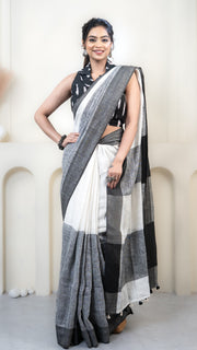 Black and White Checks Linen Saree