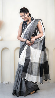 Black and White Checks Linen Saree