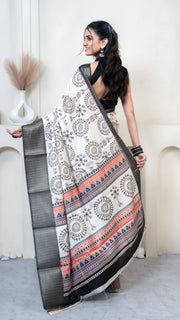 Off White Warli Print Silk Saree with Dark Gray Border