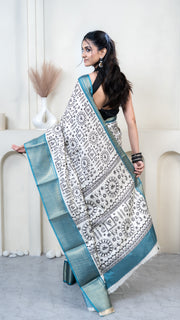 White Warli Print Silk Saree with Sky Blue Border