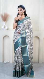 White Warli Print Silk Saree with Sky Blue Border